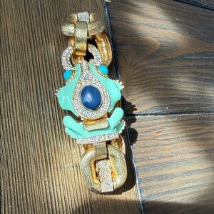 J Crew Horned frog Gold and Turquoise Statement Bracelet